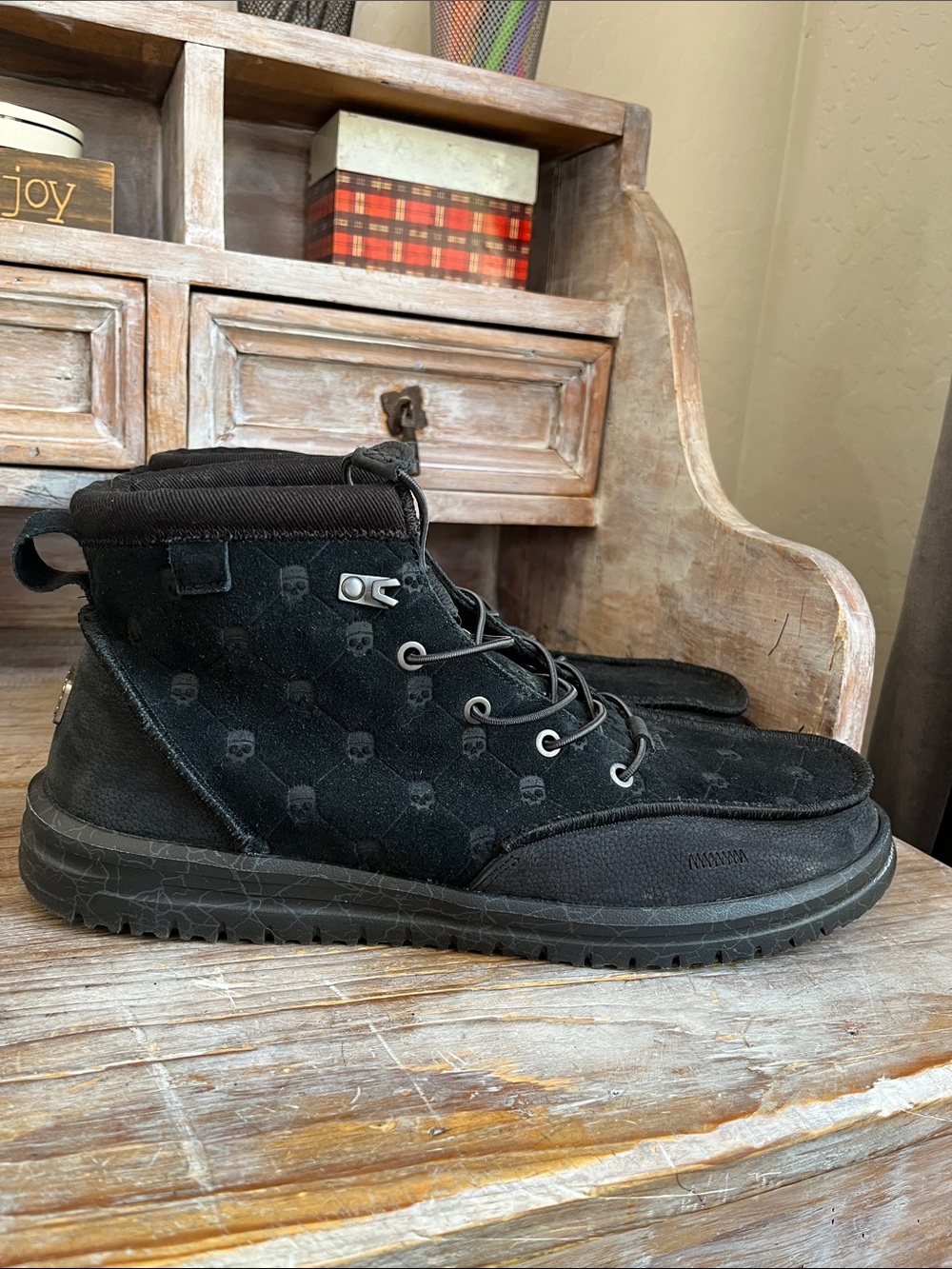 ☠️ Hey Dude x Jelly Roll Bradley Suede Boots Skull Print Black Size 15